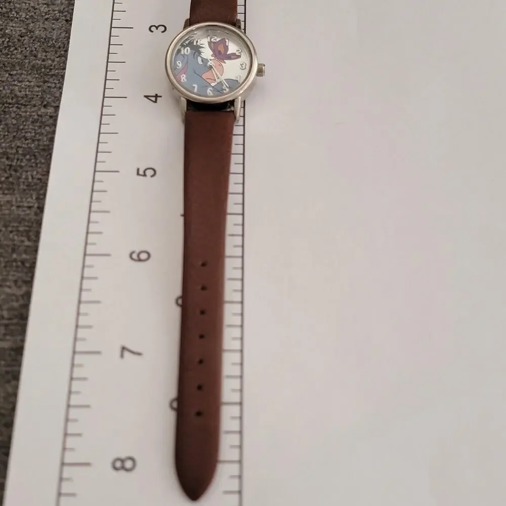 Vintage Girls Watch Eeyore Multicolor Dial 25mm Silver Case Brown Leather Quartz